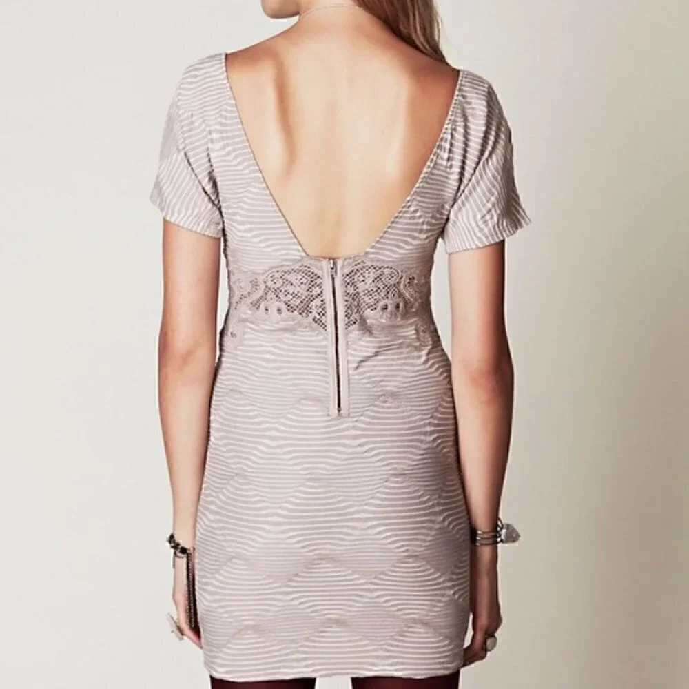 FREE PEOPLE New Romantics Mini Dress S Shift Crochet Cutout Neutral Minimalist - Picture 12 of 16